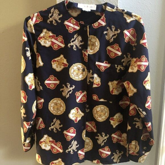 VTG Jones New York Lion Crest Emblem Size 8 Blouse Pristine Blue Navy - Picture 1 of 8